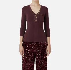 Elisabetta Franchi Knitwear And Sweatshirts|Top with V-neck in narrow-ribbed lyocell and silk fabric with logo embroidery RougeNoir