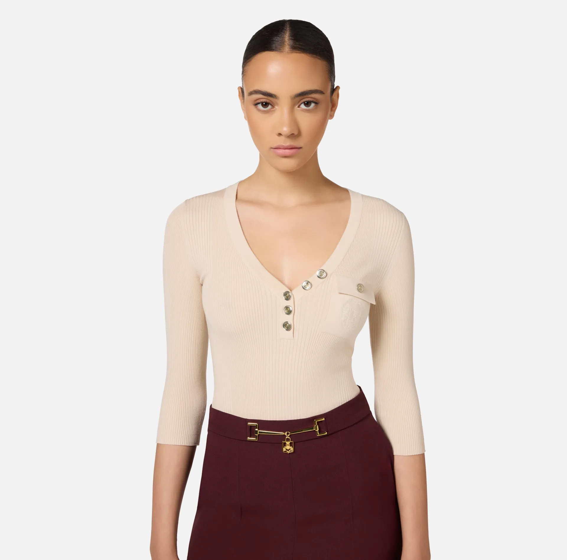 Elisabetta Franchi Knitwear And Sweatshirts|Top with V-neck in narrow-ribbed lyocell and silk fabric with logo embroidery Latex