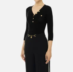 Elisabetta Franchi Knitwear And Sweatshirts|Top with V-neck in narrow-ribbed lyocell and silk fabric with logo embroidery Black