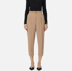 Elisabetta Franchi Trousers And Shorts|Trousers in crêpe fabric with belt and embroidery Camel