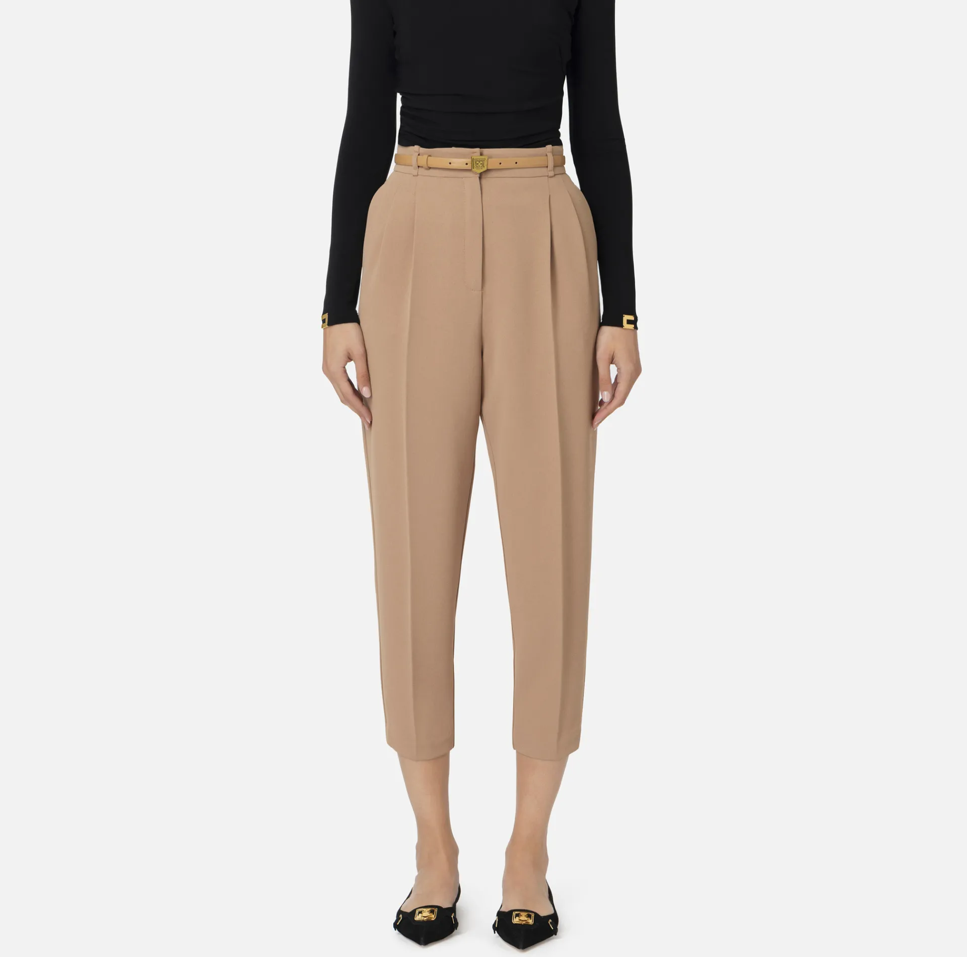 Elisabetta Franchi Trousers And Shorts|Trousers in crêpe fabric with belt and embroidery Camel