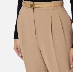 Elisabetta Franchi Trousers And Shorts|Trousers in crêpe fabric with belt and embroidery Camel