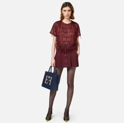 Elisabetta Franchi Top And T-Shirts|Tulle boxy top embroidered with sequins RougeNoir