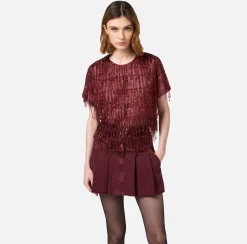 Elisabetta Franchi Top And T-Shirts|Tulle boxy top embroidered with sequins RougeNoir