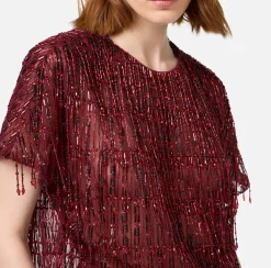 Elisabetta Franchi Top And T-Shirts|Tulle boxy top embroidered with sequins RougeNoir