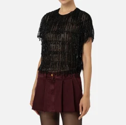 Elisabetta Franchi Top And T-Shirts|Tulle boxy top embroidered with sequins Black