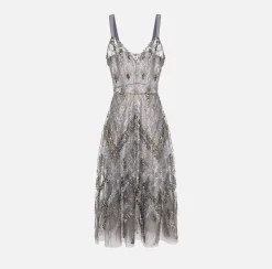 Elisabetta Franchi Red Carpet Dresses|Midi Dresses|Tulle midi dress with chevron pattern sequin embroidery Steel