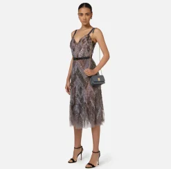 Elisabetta Franchi Red Carpet Dresses|Midi Dresses|Tulle midi dress with chevron pattern sequin embroidery Steel