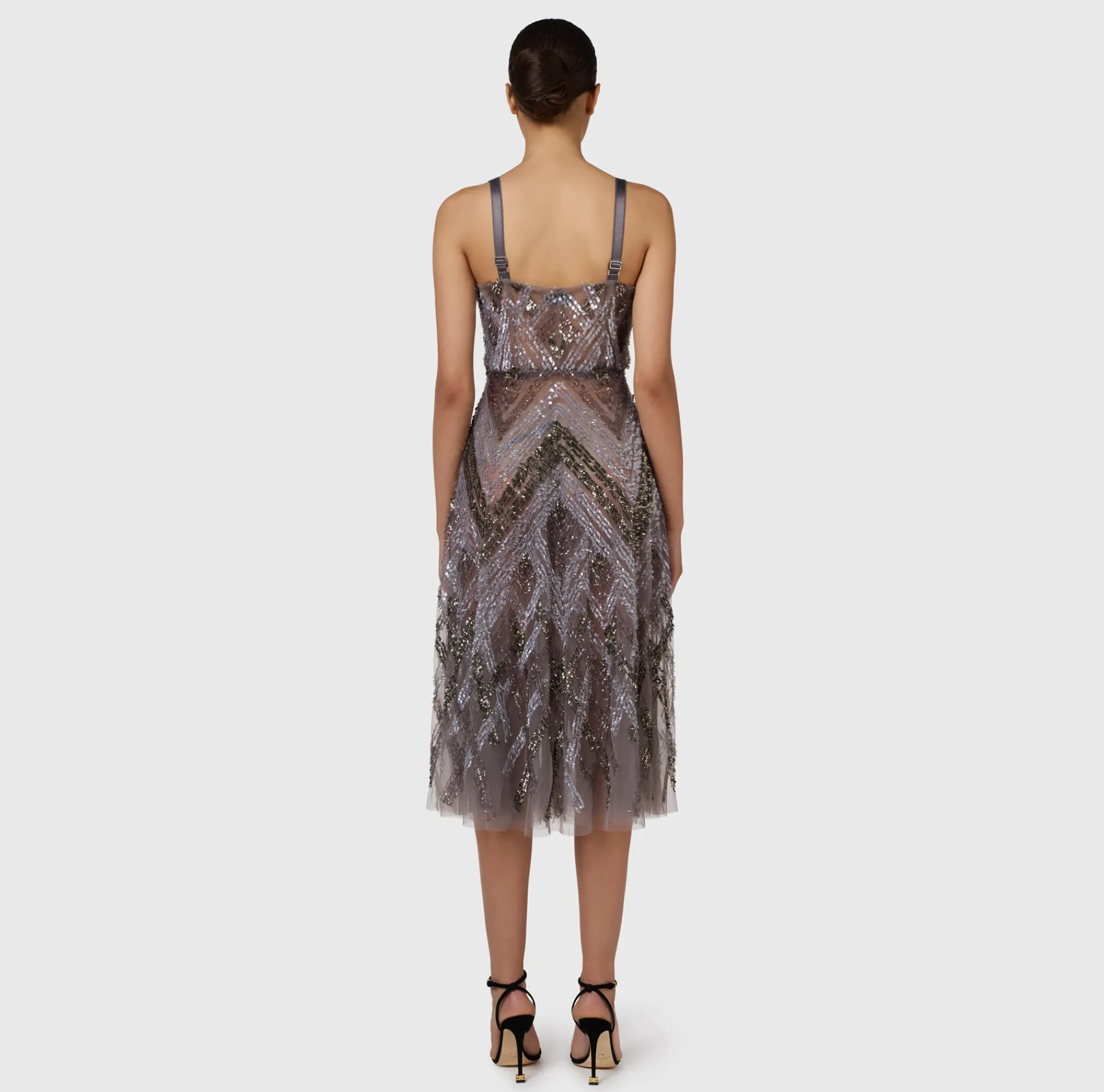 Elisabetta Franchi Red Carpet Dresses|Midi Dresses|Tulle midi dress with chevron pattern sequin embroidery Steel