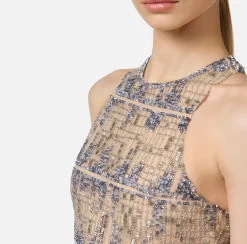 Elisabetta Franchi Red Carpet Dresses|Dresses|Tulle red carpet dress embroidered with pixel pattern sequins Steel