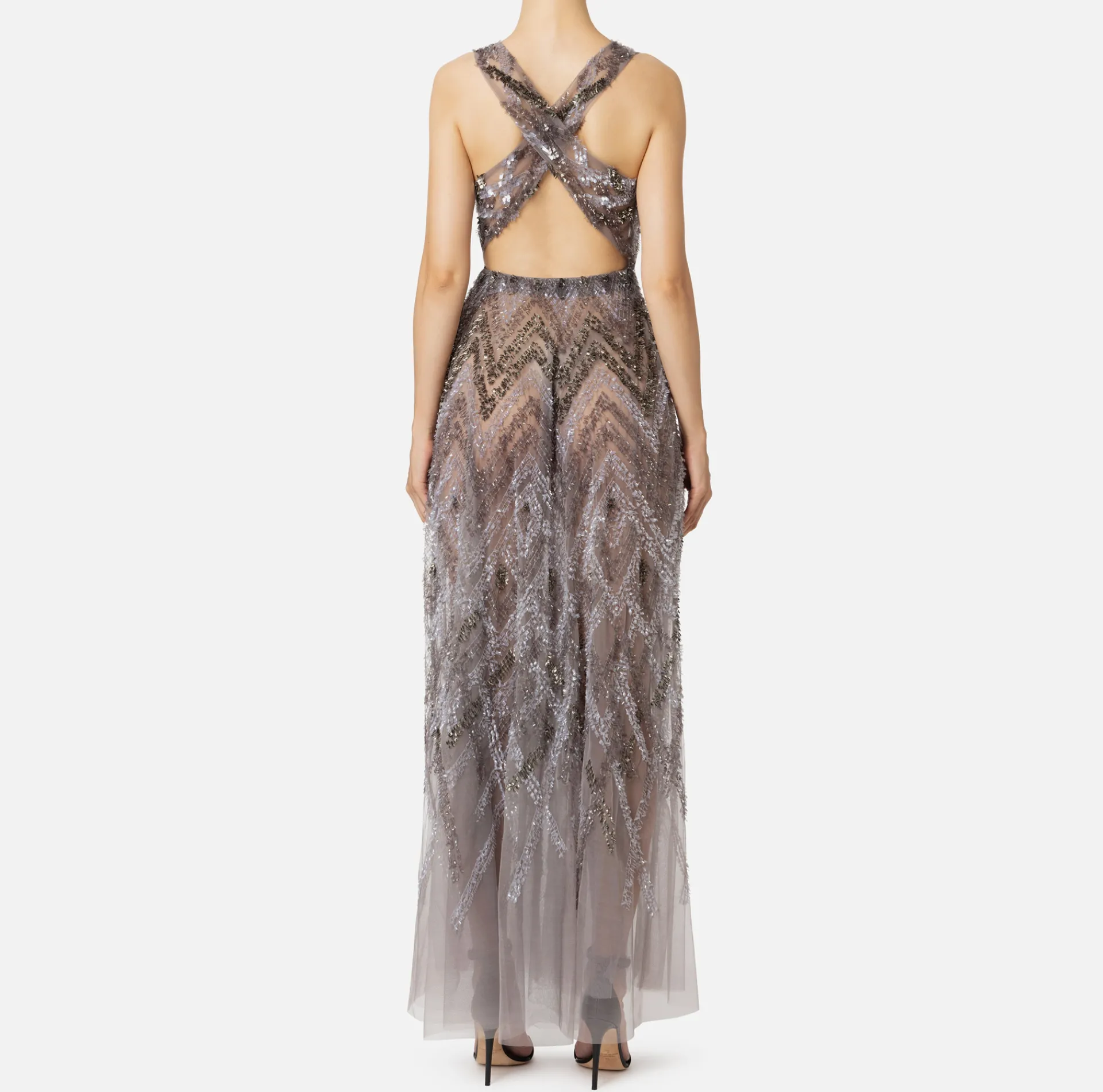 Elisabetta Franchi Red Carpet Dresses|Red Carpet|Tulle red carpet dress with chevron pattern sequin embroidery Steel