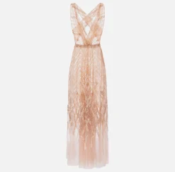 Elisabetta Franchi Red Carpet Dresses|Red Carpet|Tulle red carpet dress with chevron pattern sequin embroidery DustyPink