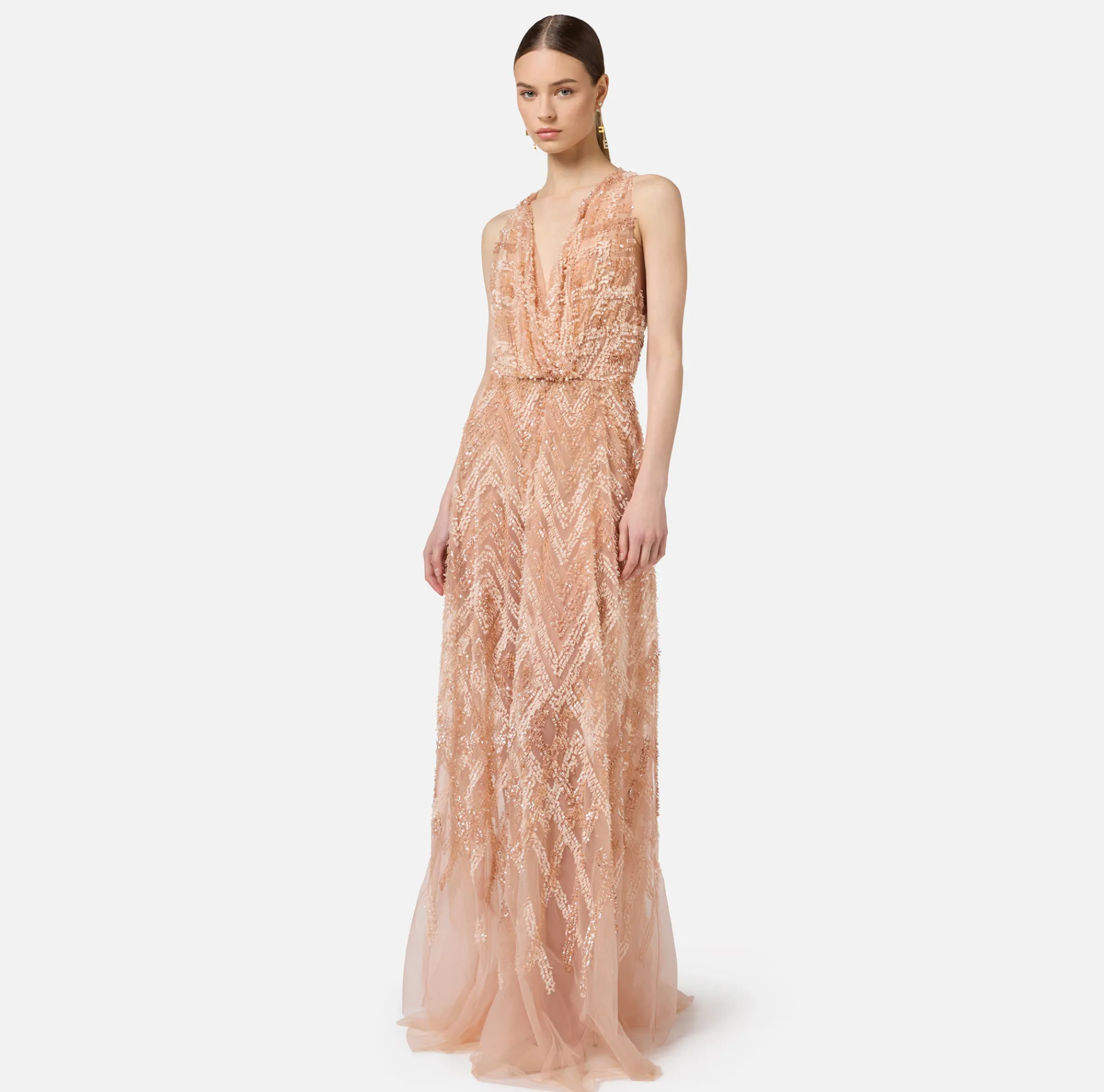 Elisabetta Franchi Red Carpet Dresses|Red Carpet|Tulle red carpet dress with chevron pattern sequin embroidery DustyPink