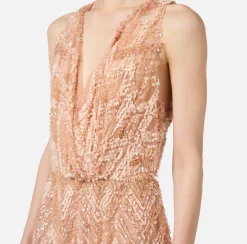 Elisabetta Franchi Red Carpet Dresses|Red Carpet|Tulle red carpet dress with chevron pattern sequin embroidery DustyPink