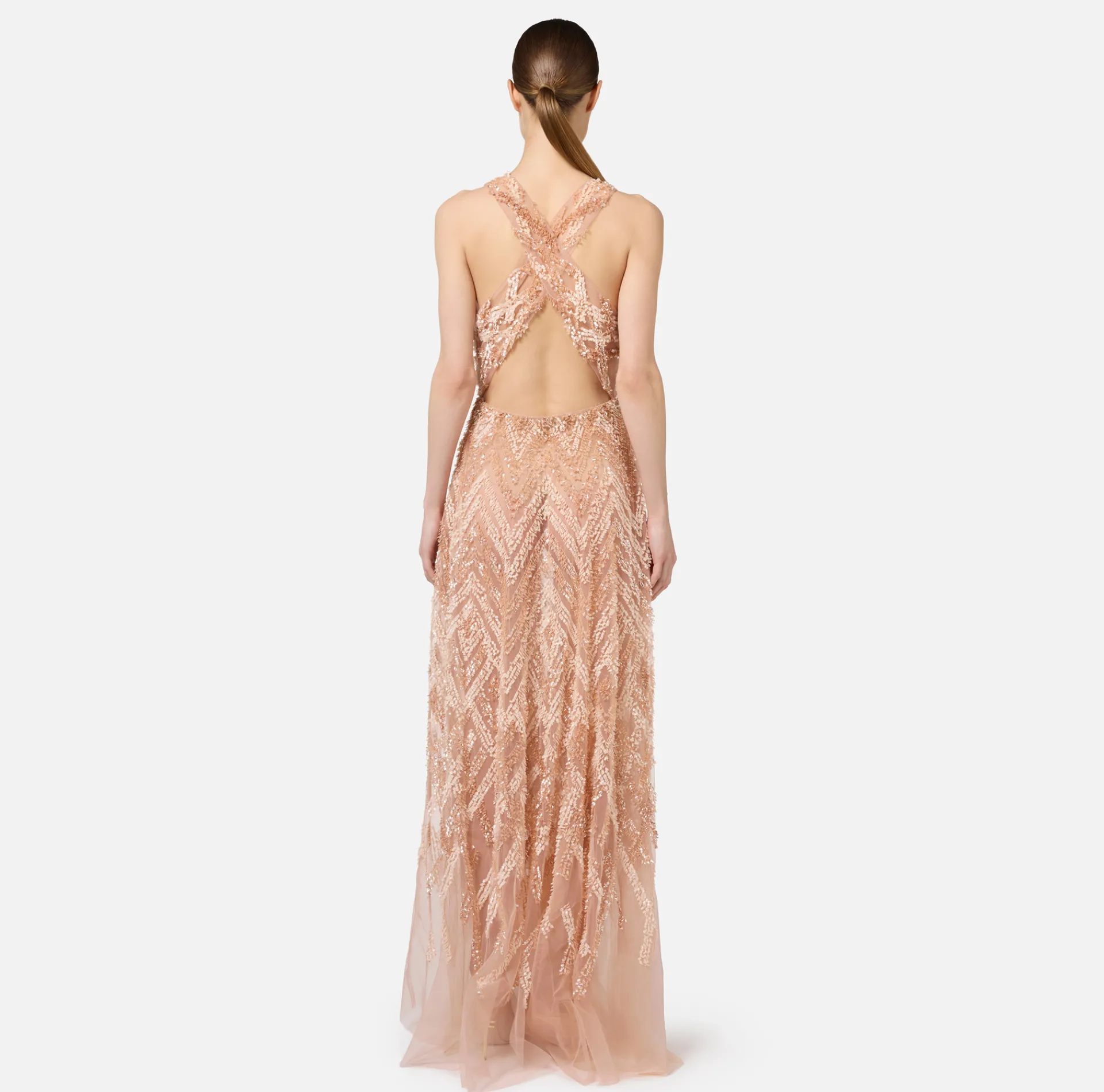 Elisabetta Franchi Red Carpet Dresses|Red Carpet|Tulle red carpet dress with chevron pattern sequin embroidery DustyPink