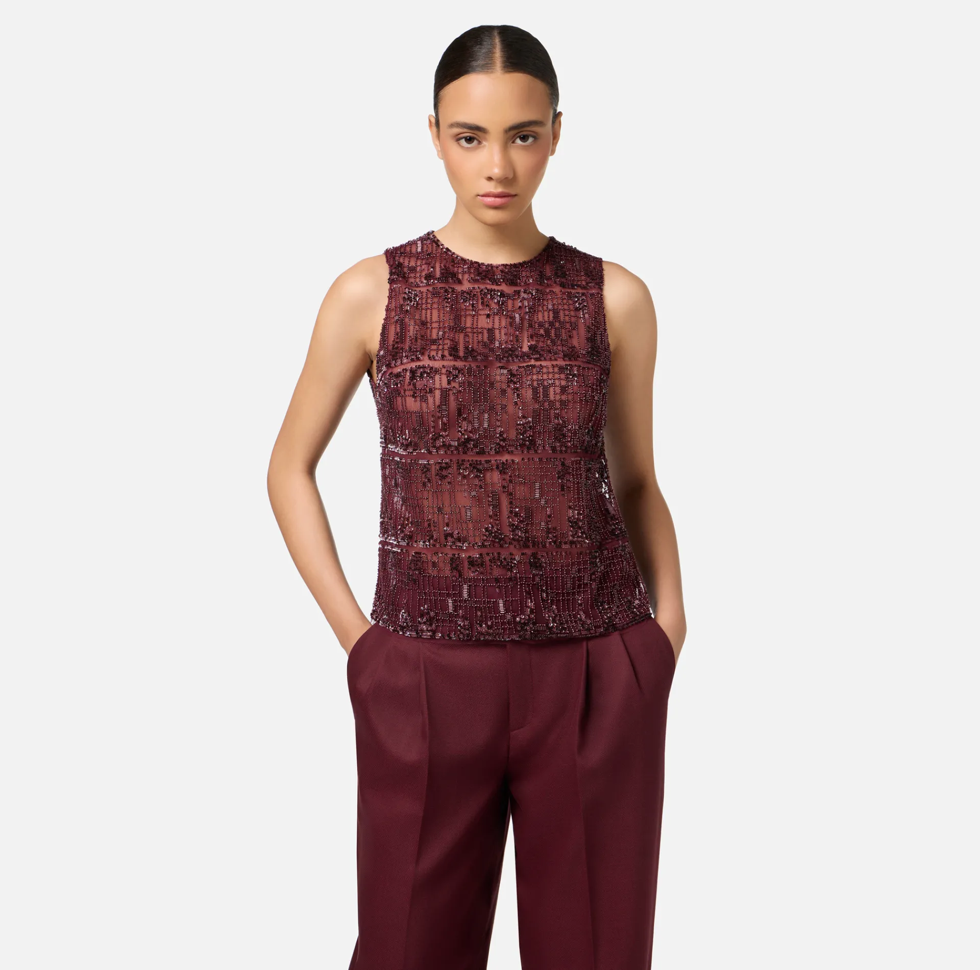Elisabetta Franchi Top And T-Shirts|Tulle top embroidered with pixel pattern sequins RougeNoir