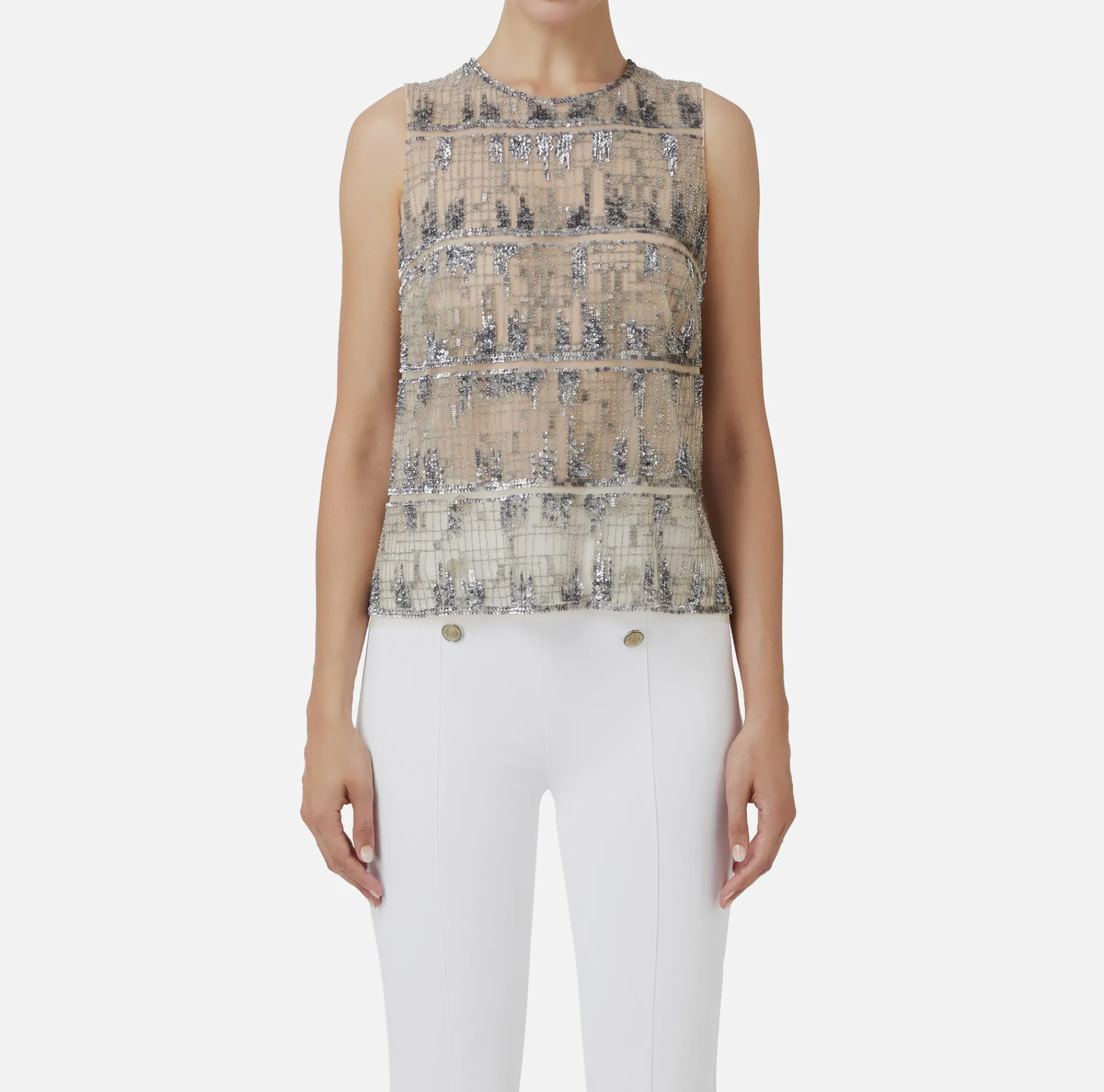 Elisabetta Franchi Top And T-Shirts|Tulle top embroidered with pixel pattern sequins Steel