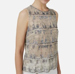 Elisabetta Franchi Top And T-Shirts|Tulle top embroidered with pixel pattern sequins Steel