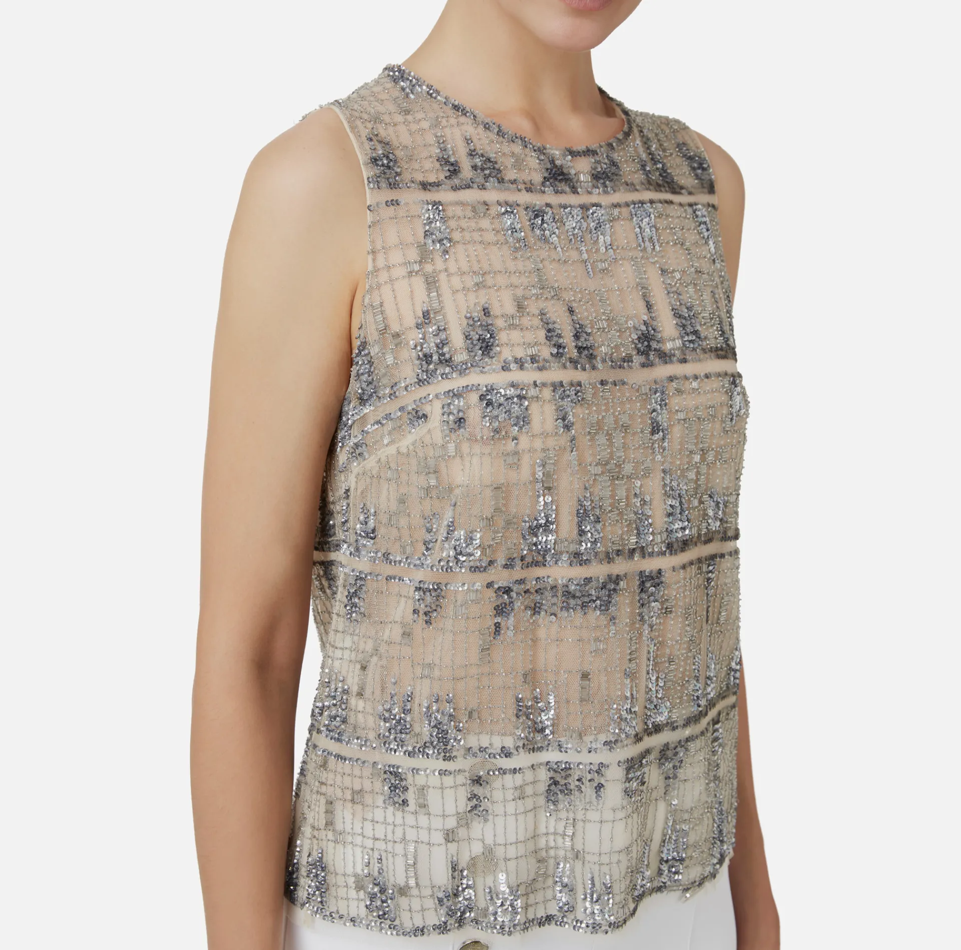Elisabetta Franchi Top And T-Shirts|Tulle top embroidered with pixel pattern sequins Steel