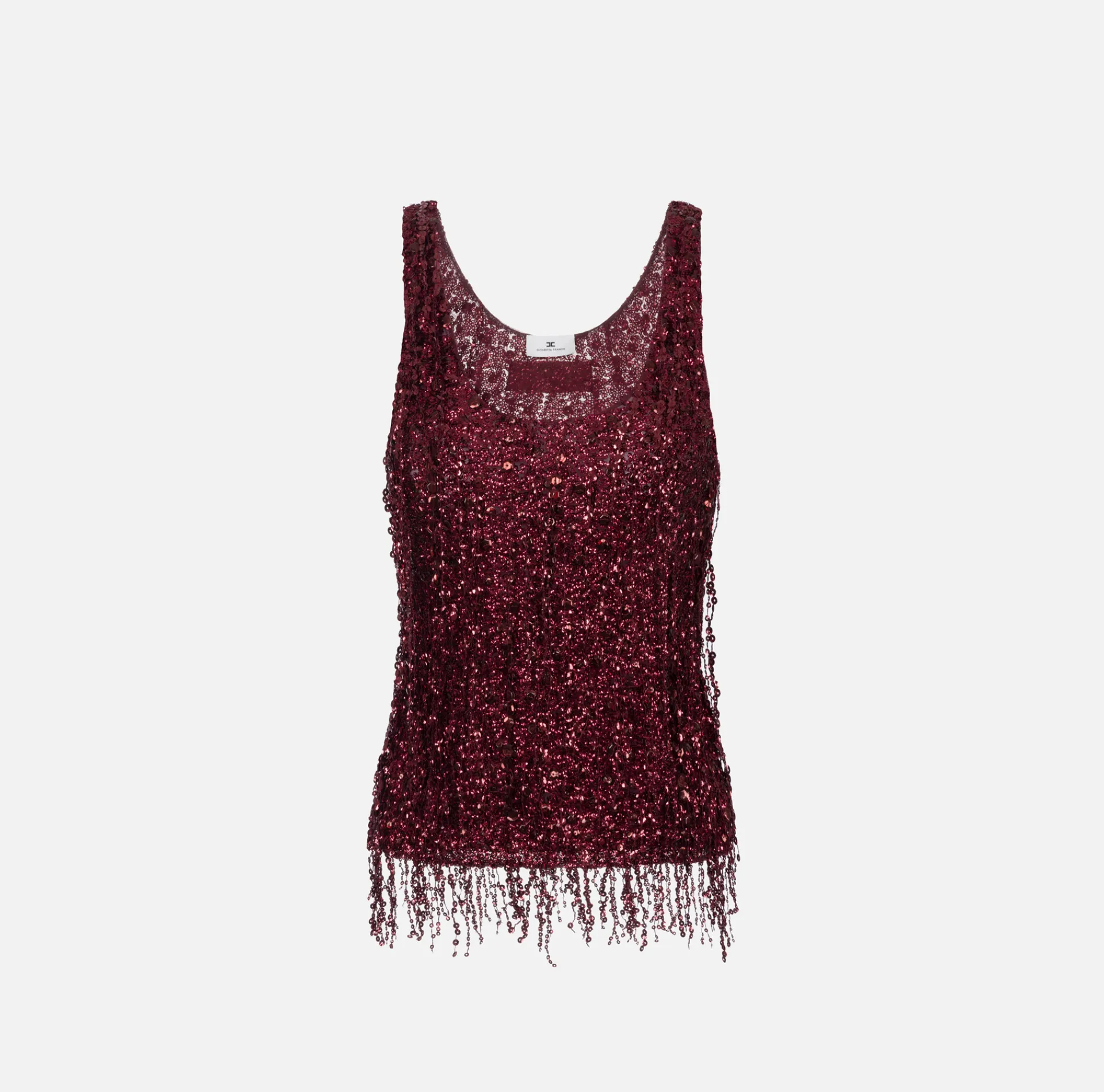 Elisabetta Franchi Top And T-Shirts|Tulle top embroidered with sequin fringes RougeNoir
