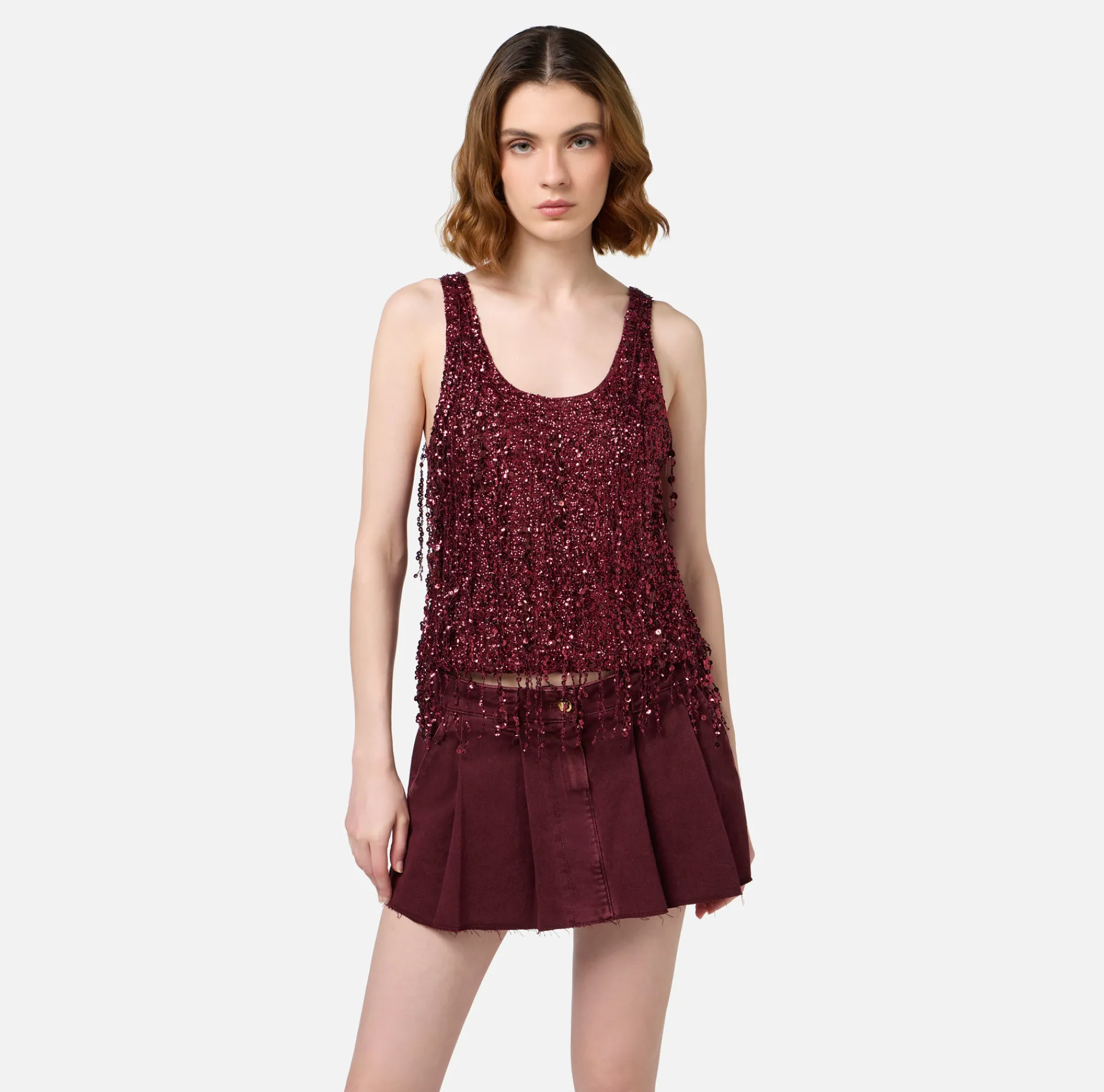 Elisabetta Franchi Top And T-Shirts|Tulle top embroidered with sequin fringes RougeNoir