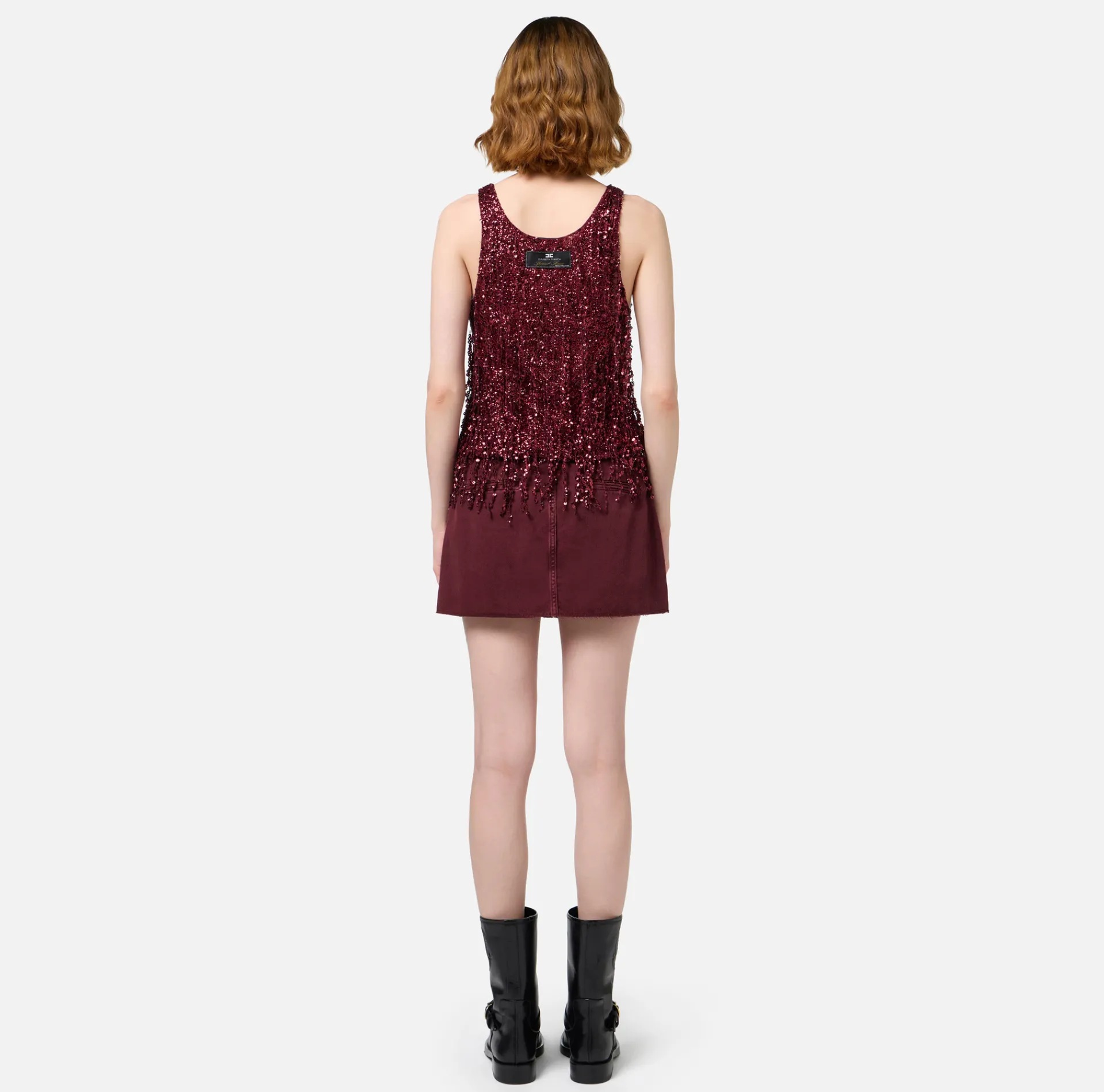 Elisabetta Franchi Top And T-Shirts|Tulle top embroidered with sequin fringes RougeNoir