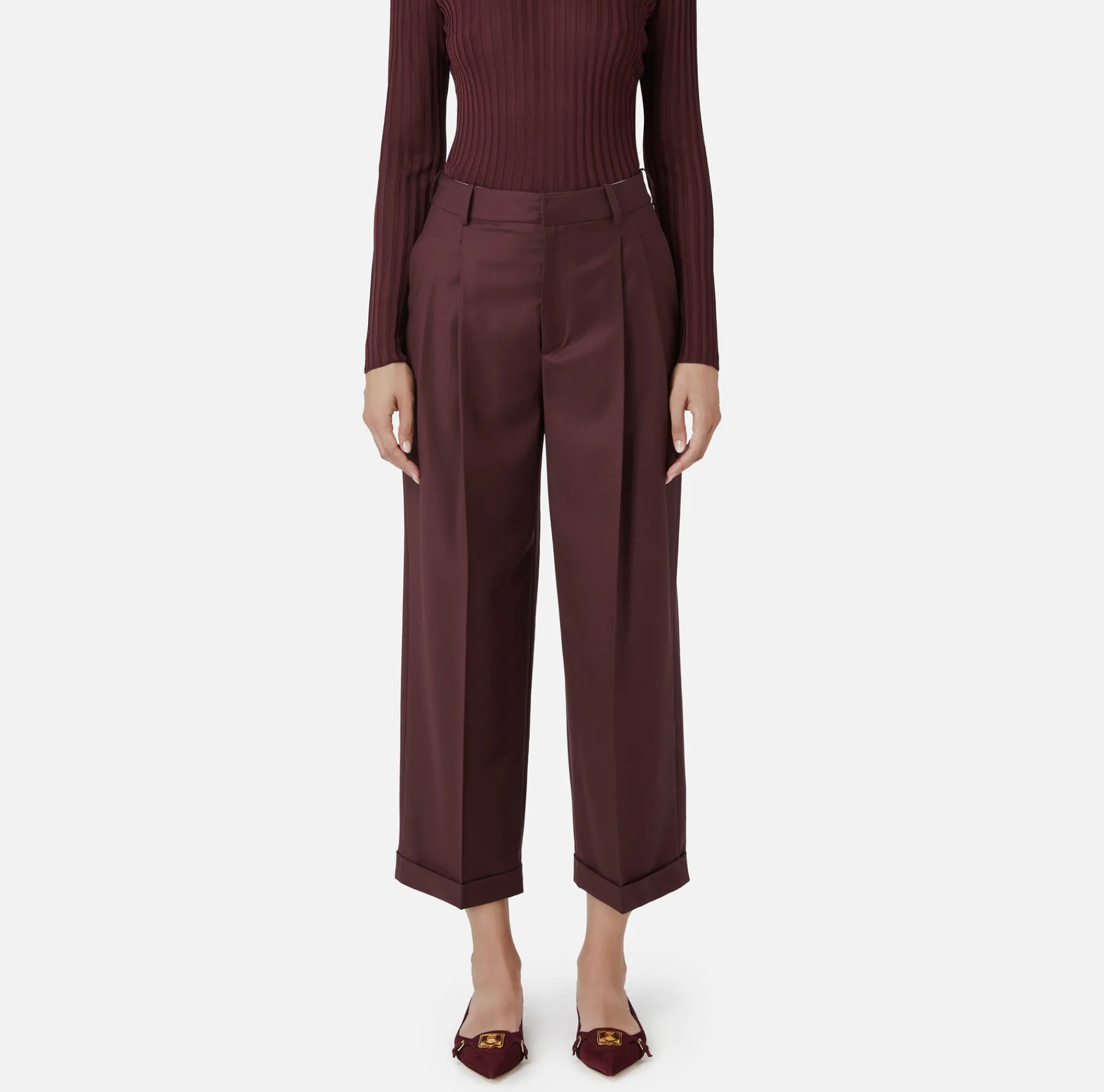 Elisabetta Franchi Trousers And Shorts|Turned-up trousers in cool wool with darts RougeNoir