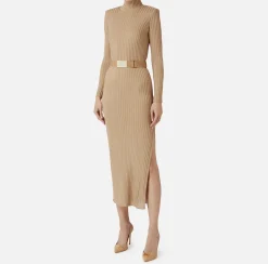Elisabetta Franchi Knitted Dresses|Dresses|Turtleneck dress in ribbed shiny viscose fabric with belt Camel