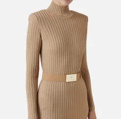 Elisabetta Franchi Knitted Dresses|Dresses|Turtleneck dress in ribbed shiny viscose fabric with belt Camel