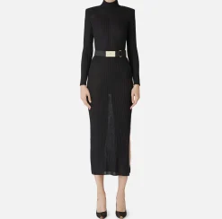 Elisabetta Franchi Knitted Dresses|Dresses|Turtleneck dress in ribbed shiny viscose fabric with belt Black