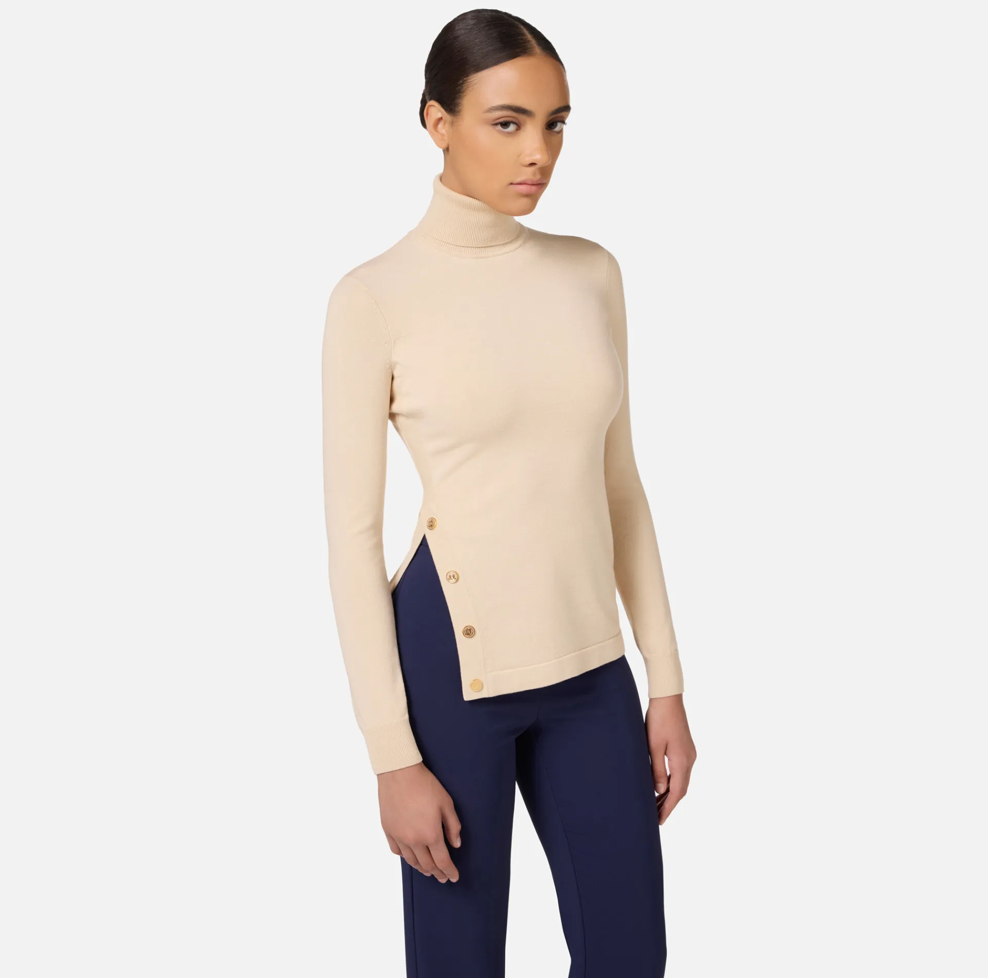 Elisabetta Franchi Knitwear And Sweatshirts|Turtleneck in viscose fabric with buttons on the side Latex
