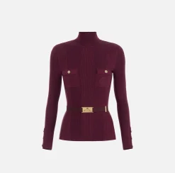 Elisabetta Franchi Knitwear And Sweatshirts|Turtleneck shirt in narrow-ribbed lyocell and silk fabric with logo embroidery RougeNoir