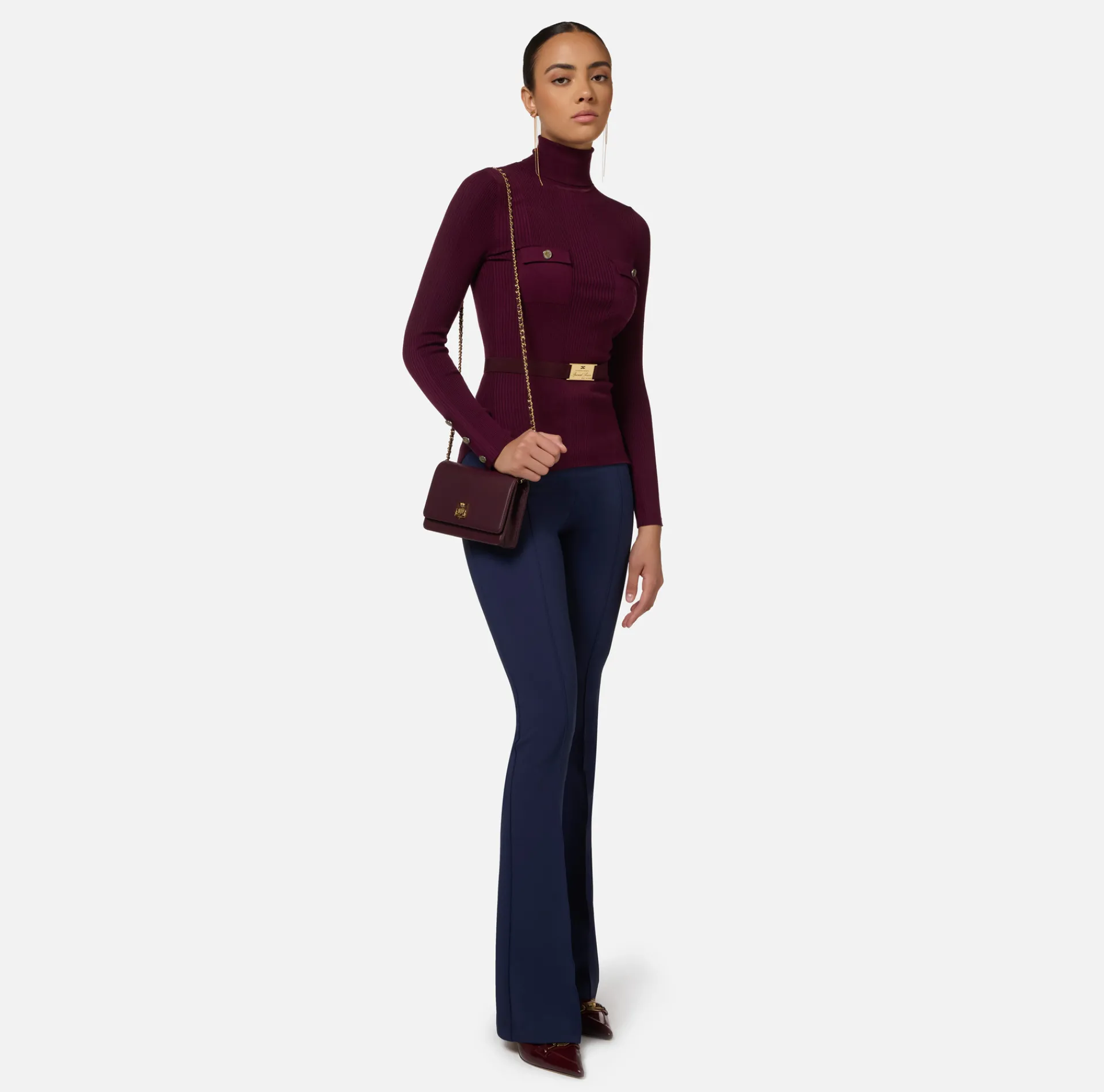 Elisabetta Franchi Knitwear And Sweatshirts|Turtleneck shirt in narrow-ribbed lyocell and silk fabric with logo embroidery RougeNoir