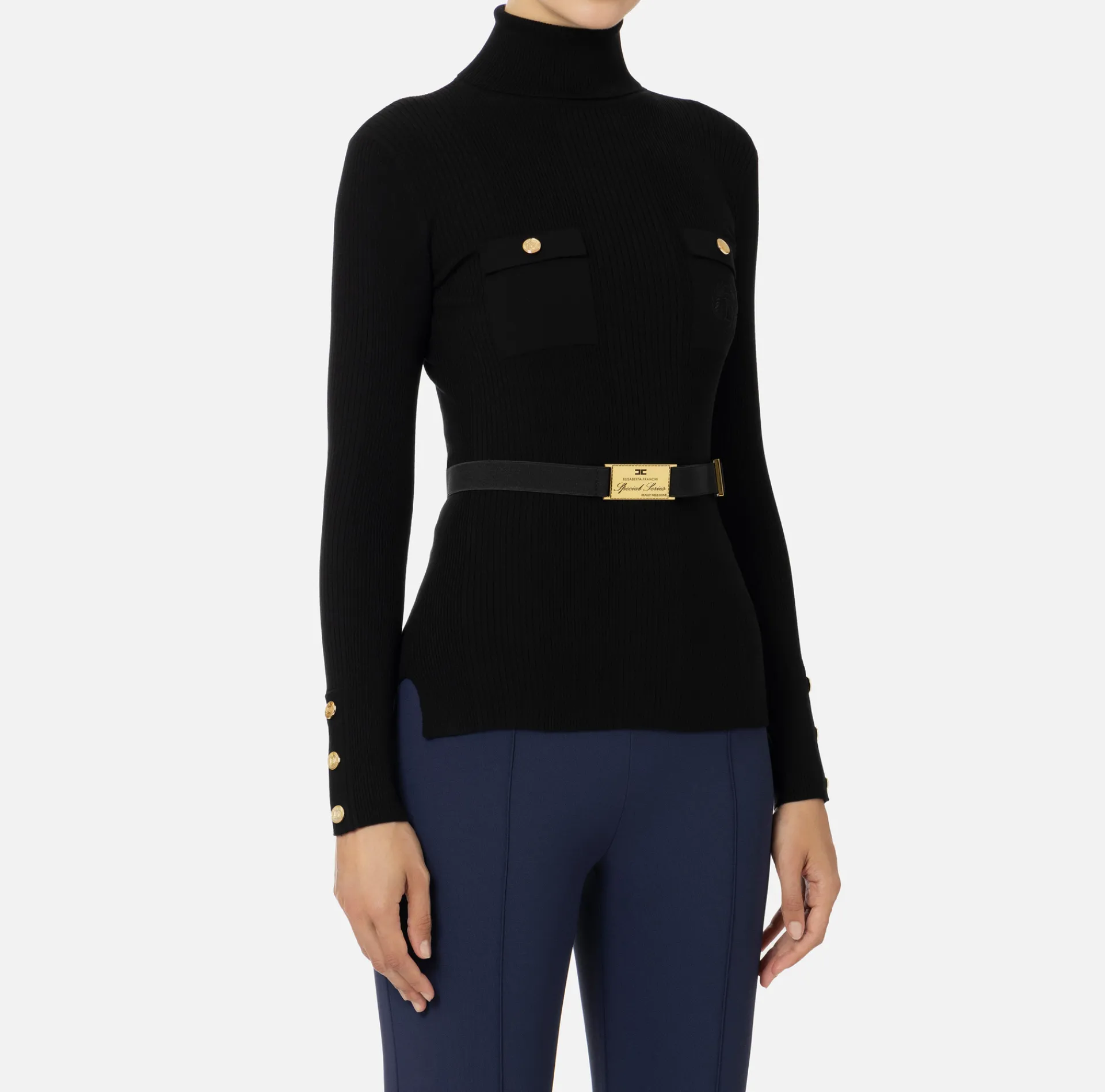 Elisabetta Franchi Knitwear And Sweatshirts|Turtleneck shirt in narrow-ribbed lyocell and silk fabric with logo embroidery Black