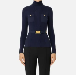 Elisabetta Franchi Knitwear And Sweatshirts|Turtleneck shirt in narrow-ribbed lyocell and silk fabric with logo embroidery Navy