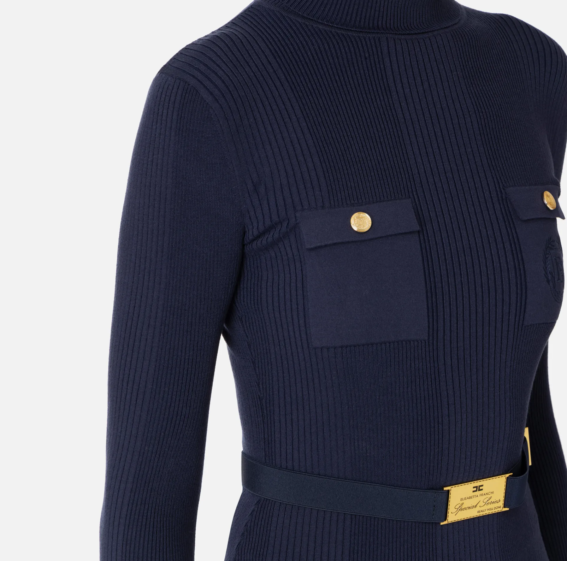 Elisabetta Franchi Knitwear And Sweatshirts|Turtleneck shirt in narrow-ribbed lyocell and silk fabric with logo embroidery Navy