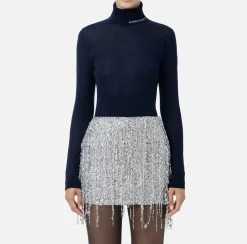 Elisabetta Franchi Knitwear And Sweatshirts|Turtleneck top in merino wool fabric with jacquard logo Navy
