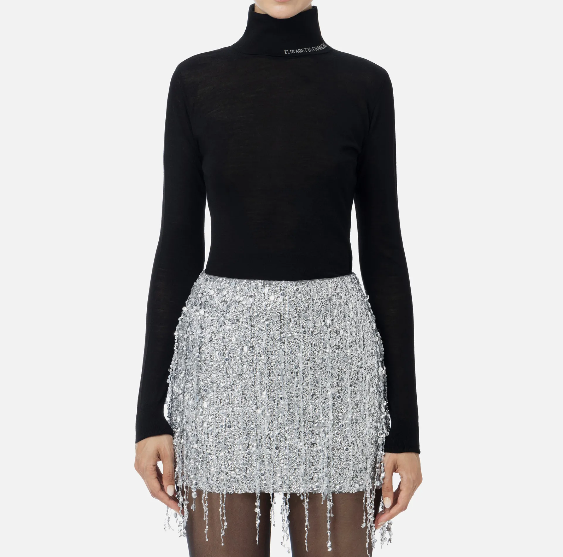 Elisabetta Franchi Knitwear And Sweatshirts|Turtleneck top in merino wool fabric with jacquard logo Black