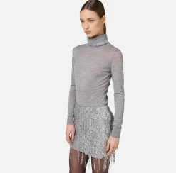 Elisabetta Franchi Knitwear And Sweatshirts|Turtleneck top in merino wool fabric with jacquard logo HeatherGrey