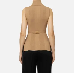 Elisabetta Franchi Knitwear And Sweatshirts|Turtleneck top in narrow-ribbed lyocell and silk fabric with logo embroidery Camel