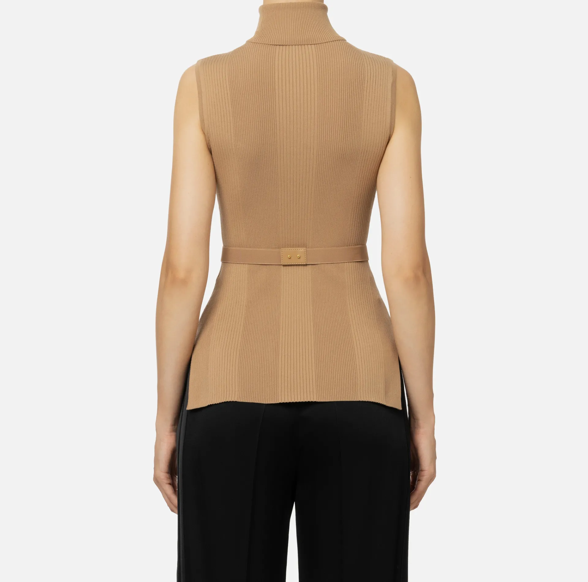 Elisabetta Franchi Knitwear And Sweatshirts|Turtleneck top in narrow-ribbed lyocell and silk fabric with logo embroidery Camel