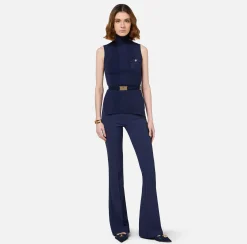 Elisabetta Franchi Knitwear And Sweatshirts|Turtleneck top in narrow-ribbed lyocell and silk fabric with logo embroidery Navy