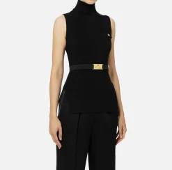 Elisabetta Franchi Knitwear And Sweatshirts|Turtleneck top in narrow-ribbed lyocell and silk fabric with logo embroidery Black