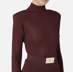 Elisabetta Franchi Knitwear And Sweatshirts|Turtleneck top in ribbed shiny viscose fabric with belt RougeNoir