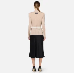 Elisabetta Franchi Knitwear And Sweatshirts|Turtleneck top in ribbed shiny viscose fabric with belt Latex