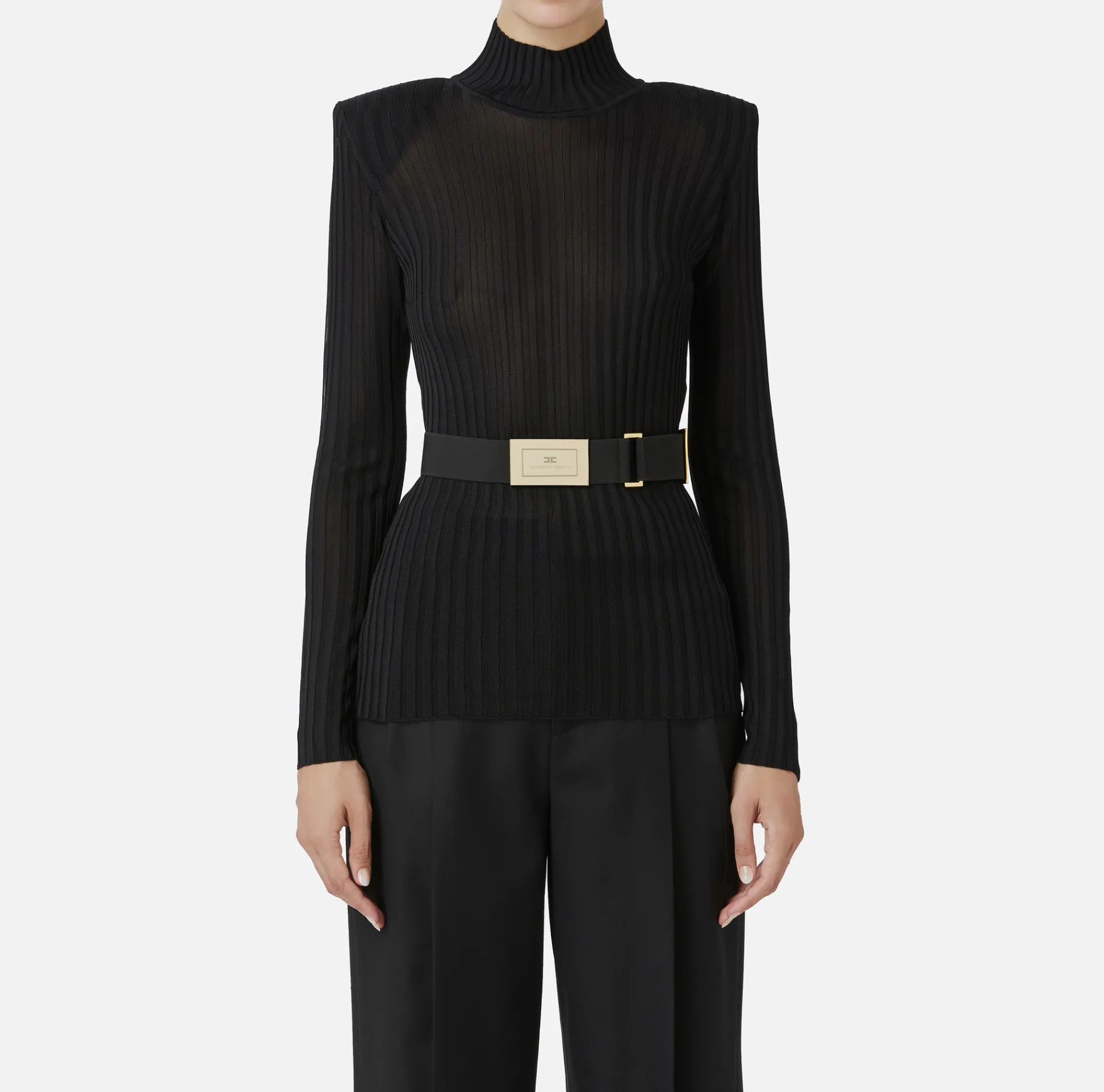 Elisabetta Franchi Knitwear And Sweatshirts|Turtleneck top in ribbed shiny viscose fabric with belt Black