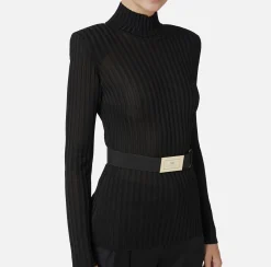Elisabetta Franchi Knitwear And Sweatshirts|Turtleneck top in ribbed shiny viscose fabric with belt Black
