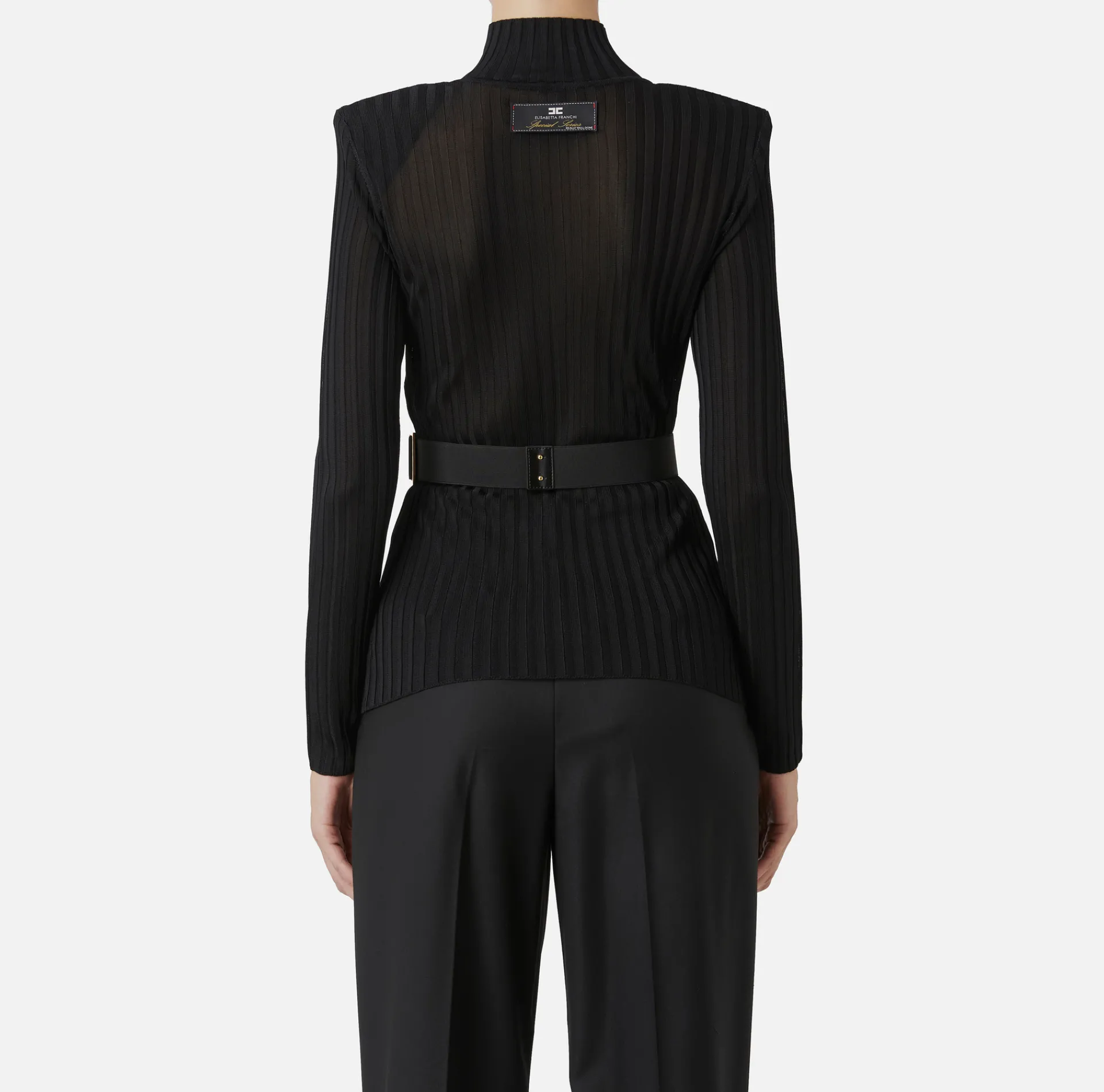 Elisabetta Franchi Knitwear And Sweatshirts|Turtleneck top in ribbed shiny viscose fabric with belt Black