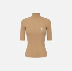 Elisabetta Franchi Knitwear And Sweatshirts|Turtleneck top in viscose fabric with college-style logo Camel/Butter
