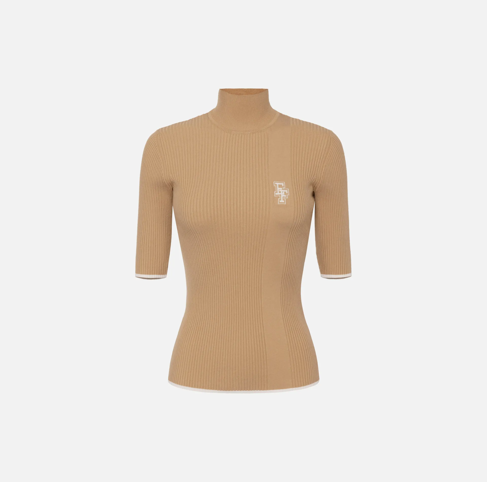 Elisabetta Franchi Knitwear And Sweatshirts|Turtleneck top in viscose fabric with college-style logo Camel/Butter
